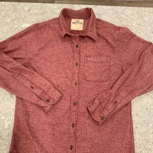 Hollister Men's Casual Red Herringbone Long Sleeve Button Down Shirt-Large